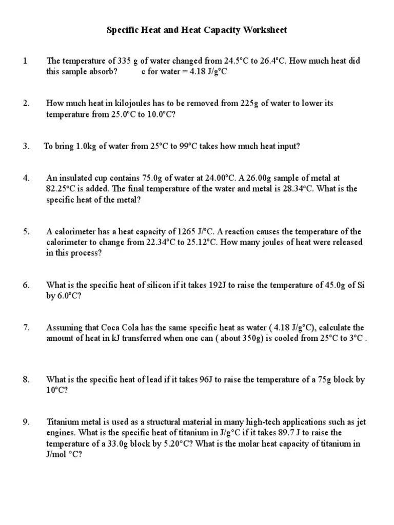 Calculating Specific Heat Worksheet