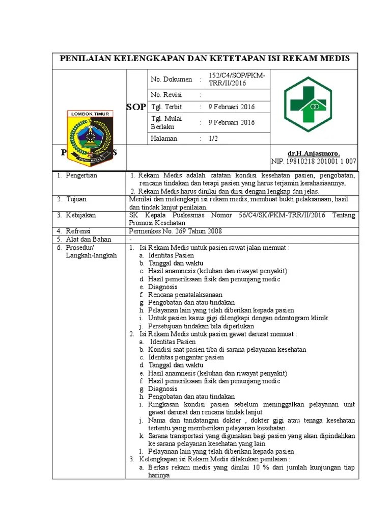 Sop Penilaian Kelengkapan Dan Ketetapan Isi Rekam Medis