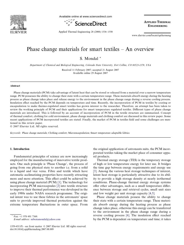 Phase Change Materials For Smart Textiles An Overview PDF Heat Transfer Phase (Matter)