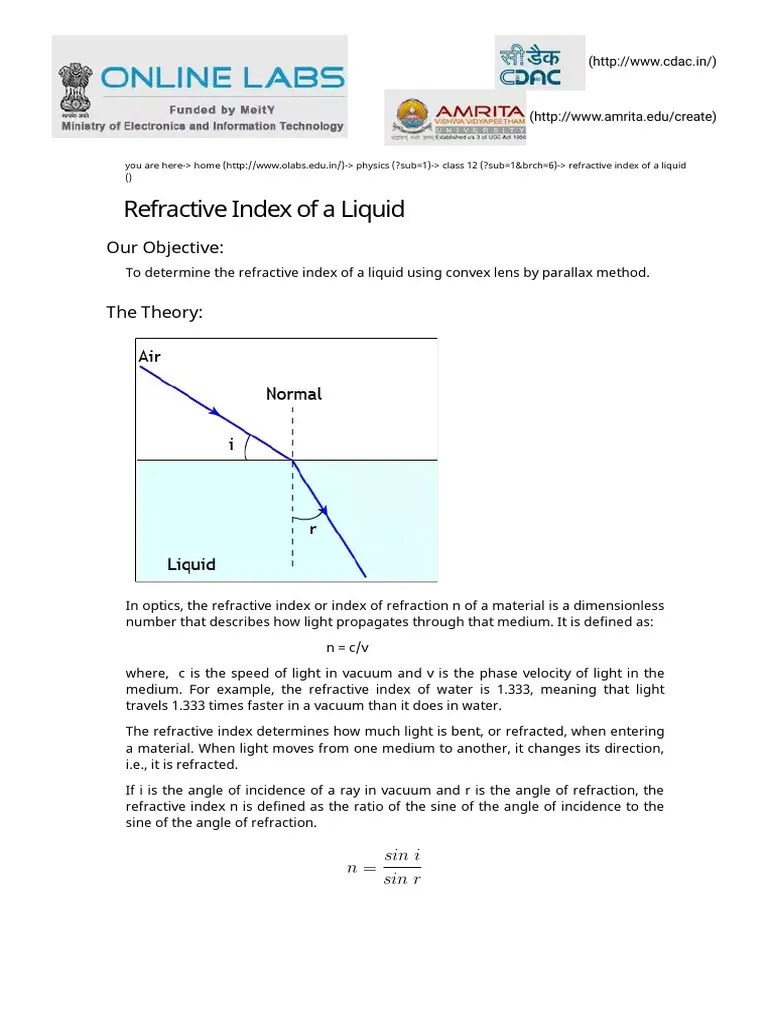 Refractive Index of a Liquid (Theory) Class 12 Physics Refraction