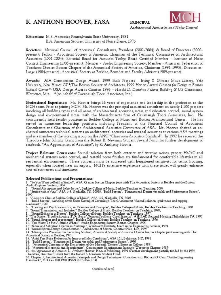 Tony Hoover Resume 09 Massachusetts Acoustics