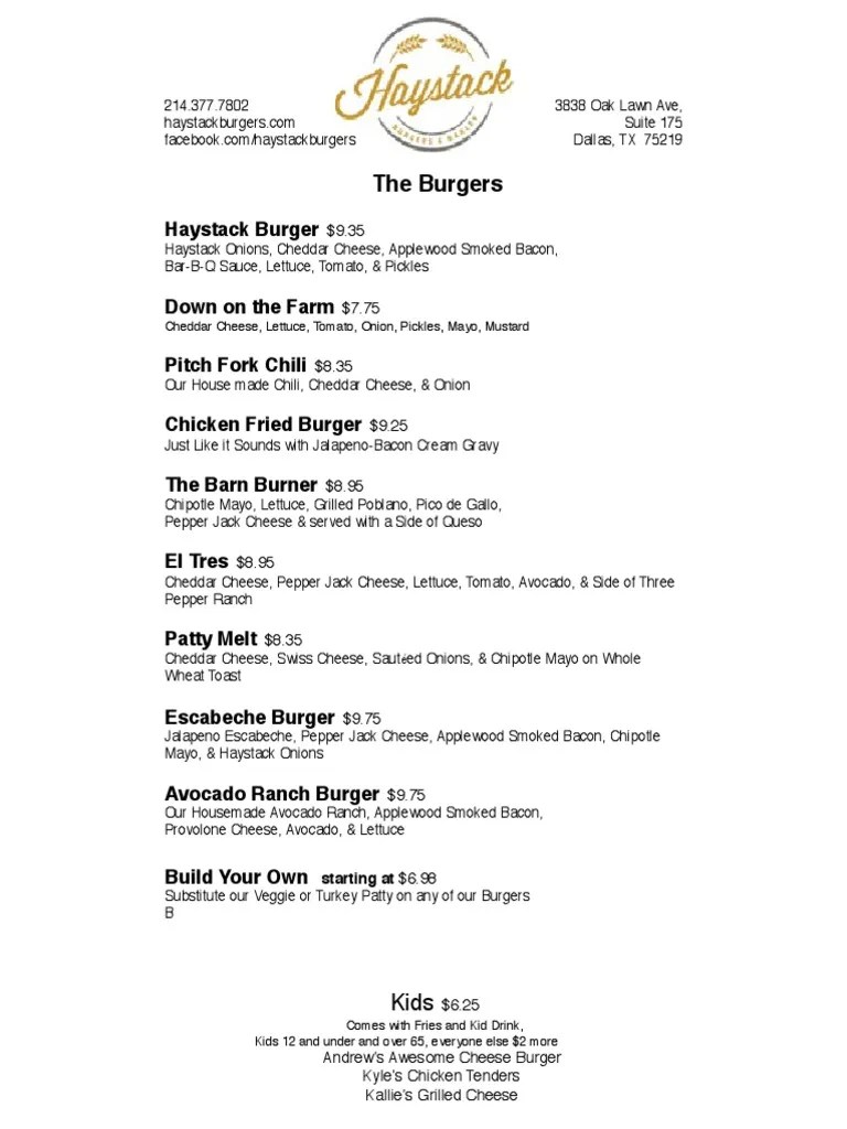 Haystack Burger Barley Turtle Creek Dallas Menu PDF PDF