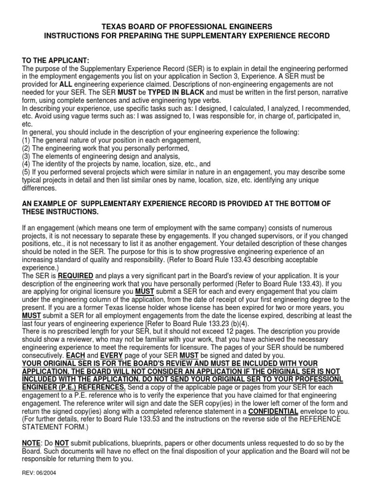 PE License SER Form Engineering Technology