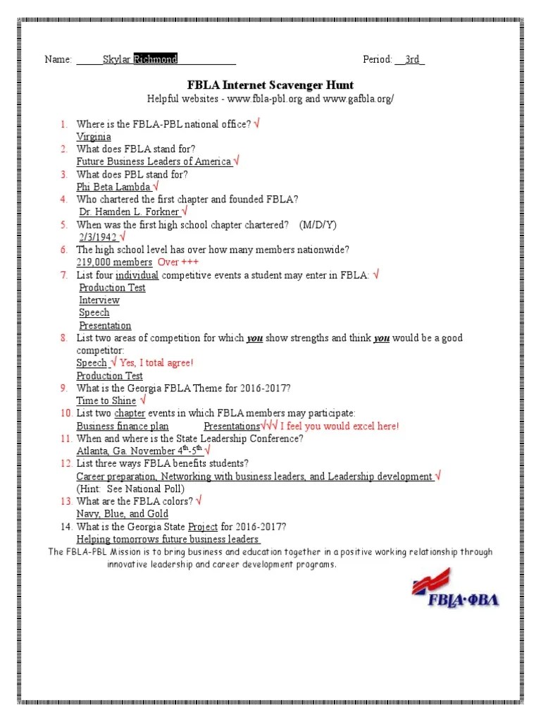 Fbla Scavenger Hunt Sklar | PDF