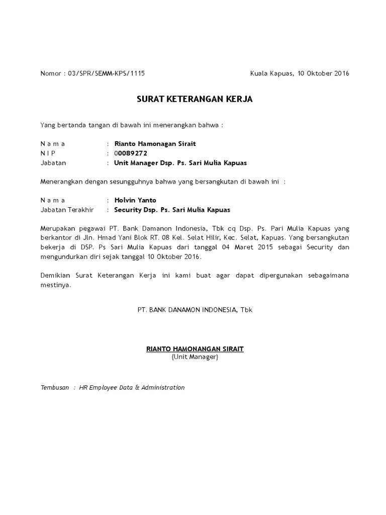Foto copy siup yang diberi stempel perusahaan. Surat Keterangan Kerja Untuk Bank