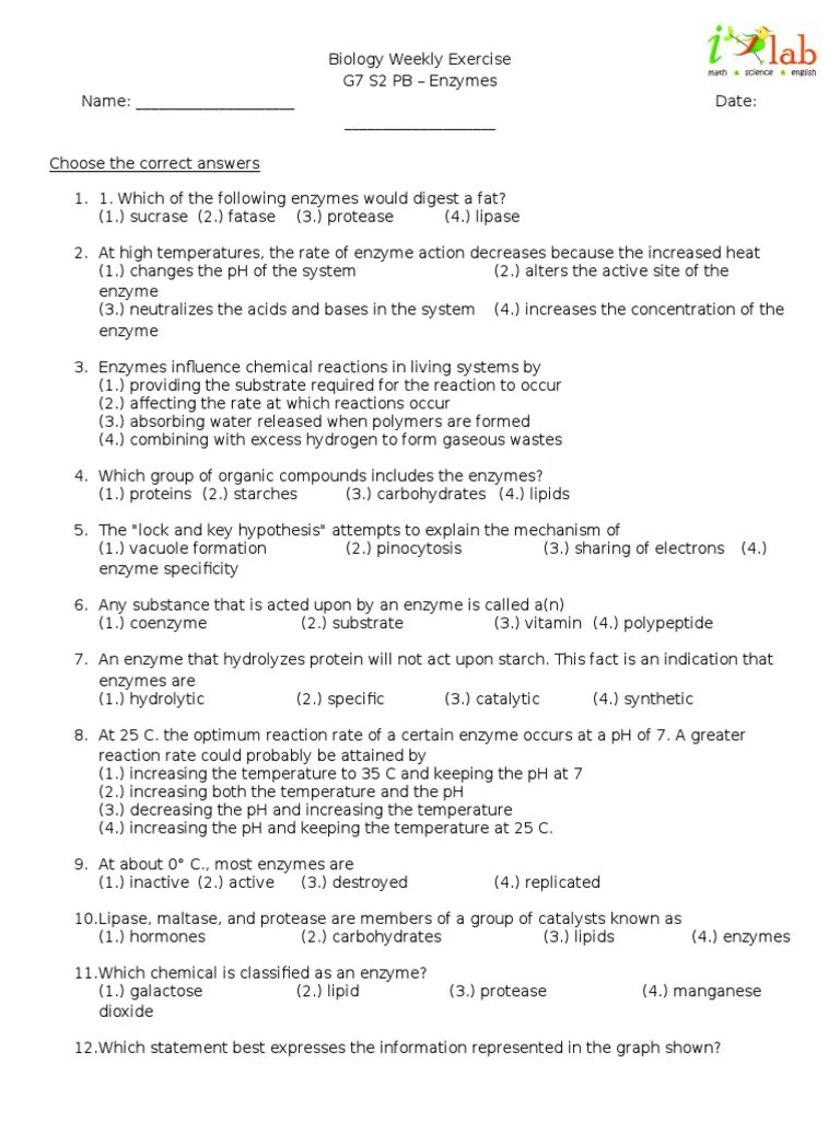Biology Weekly Exercise g7 s2 Pb Enzymes Enzyme Hydrolysis