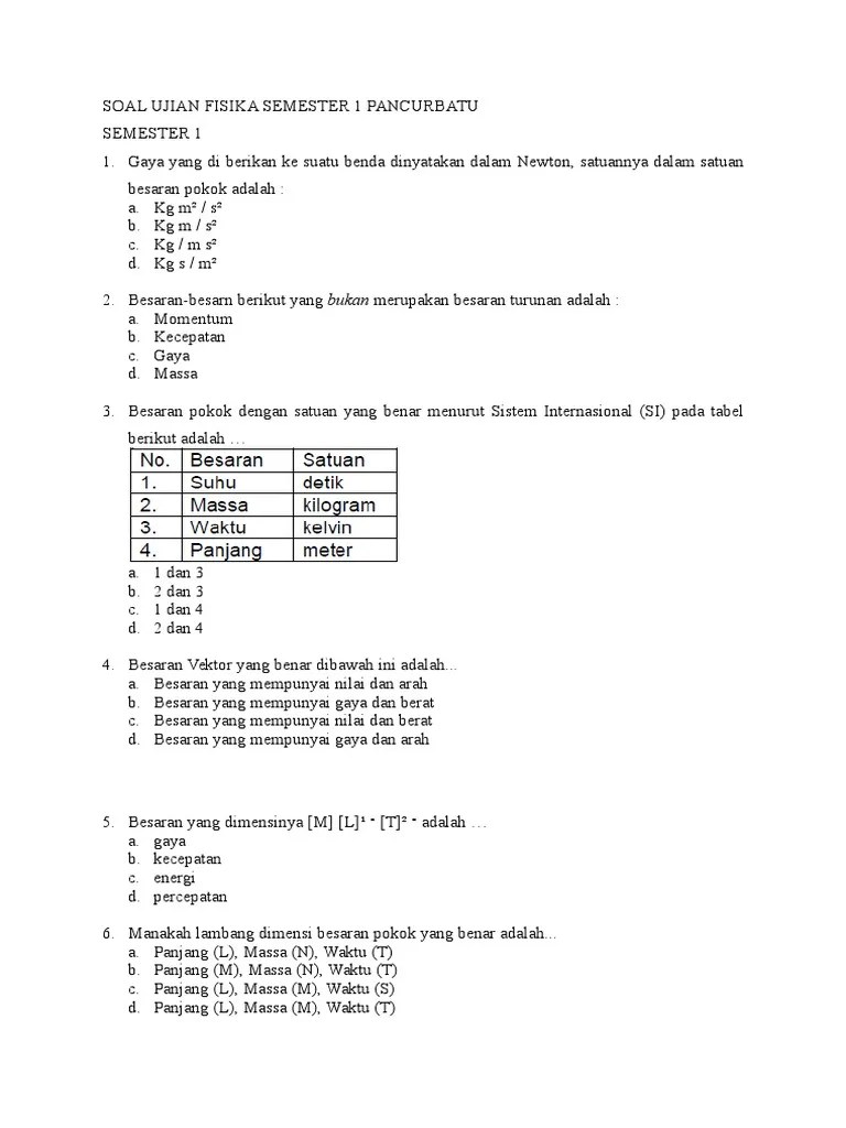 Soal Ujian Fisika Semester 1 Pancurbatu | PDF