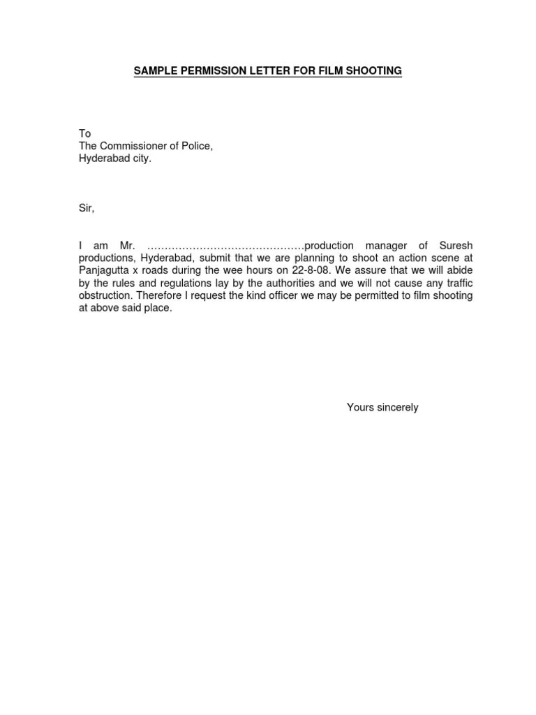 Sample Permission Letter For Film Shooting PDF