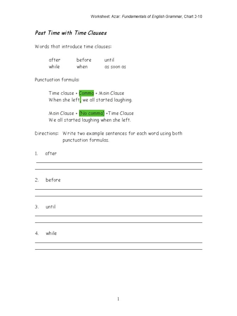 Past Time With Time Clauses Worksheet Azar Fundamentals of English