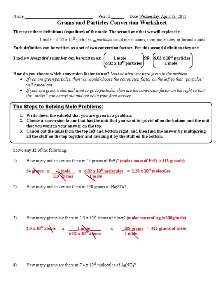 Grams and Particles Conversion Worksheet PDF