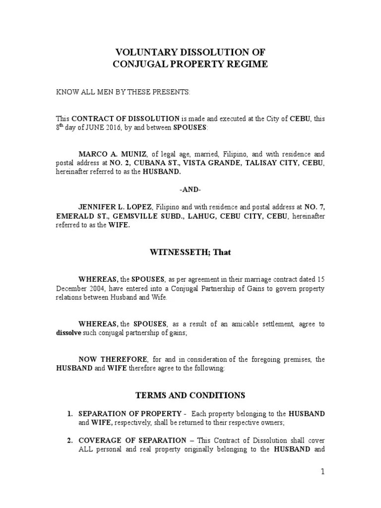 Voluntary Dissolution of Conjugal Property Regime Husband Marriage