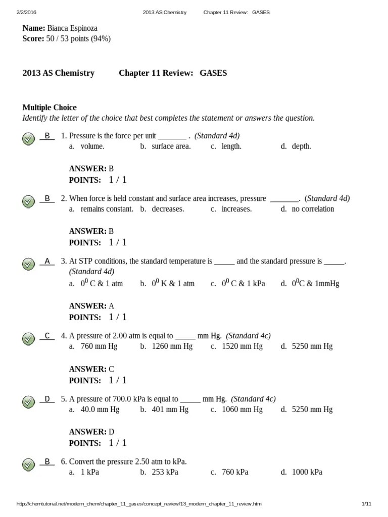2013 As Chemistry Chapter 11 Review - GASES | PDF | Gases | Pressure