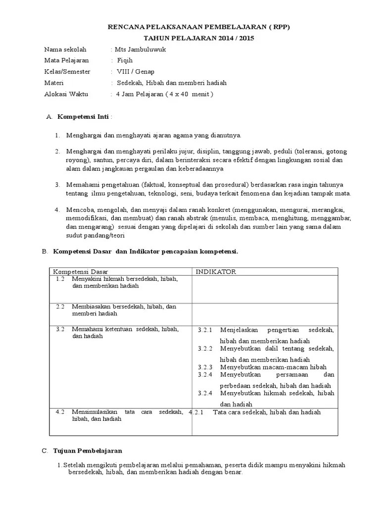 RPP Fiqih Sedekah, Hibah Dan Hadiah | PDF