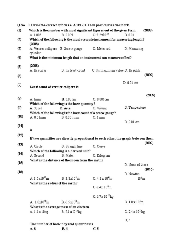 Measurement Fundamentals Multiple Choice Questions on Physical