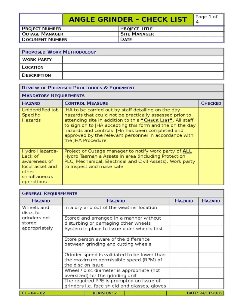Angle Grinder Checklist Personal Protective Equipment Manufactured