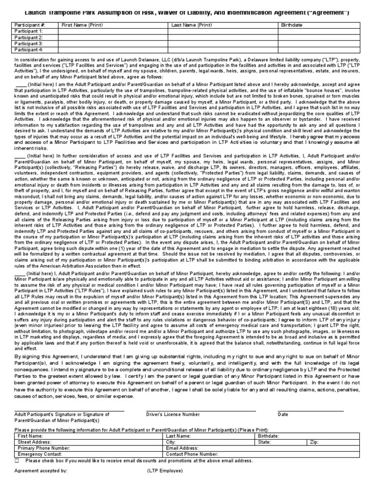 Launch Trampoline Park Waiver PDF Indemnity Mediation