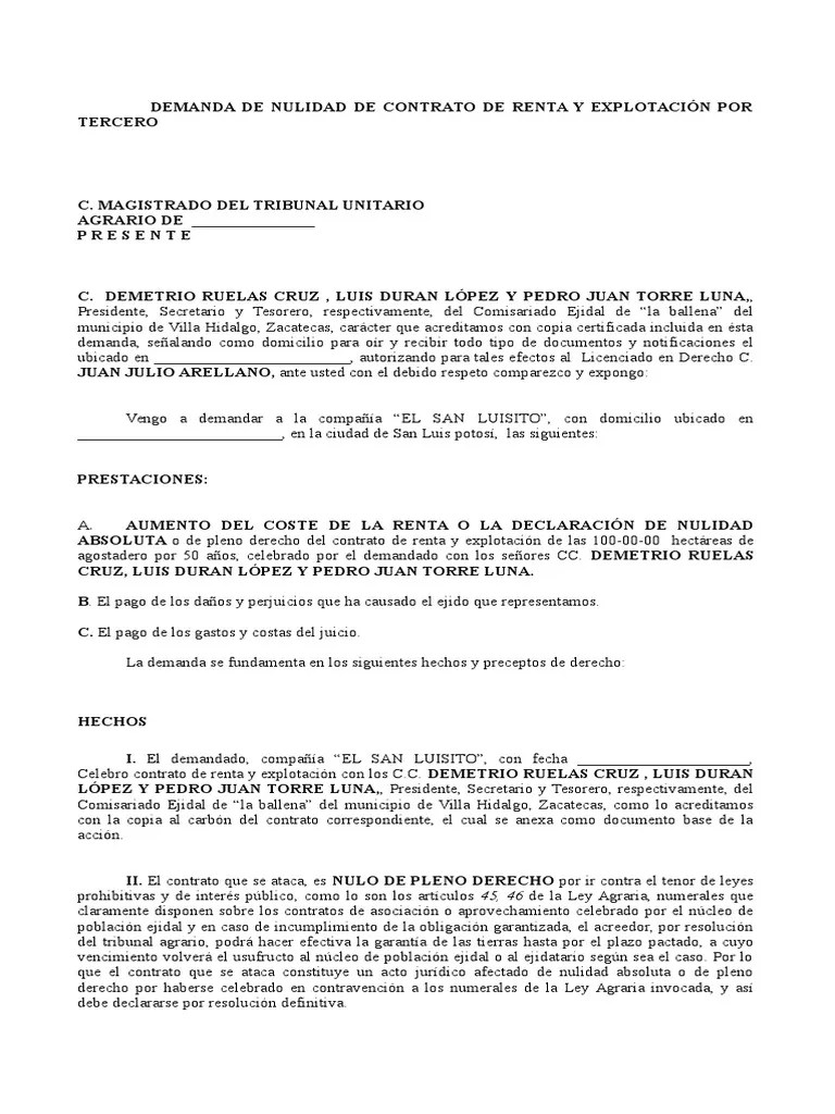 Demanda de Nulidad de Convenio de Usufructo Por Tercero Demanda