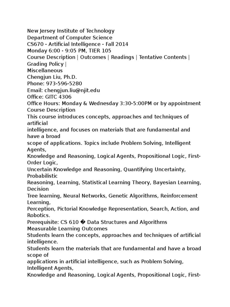 New Jersey Institute of Technology AI COurse Syllabus PDF