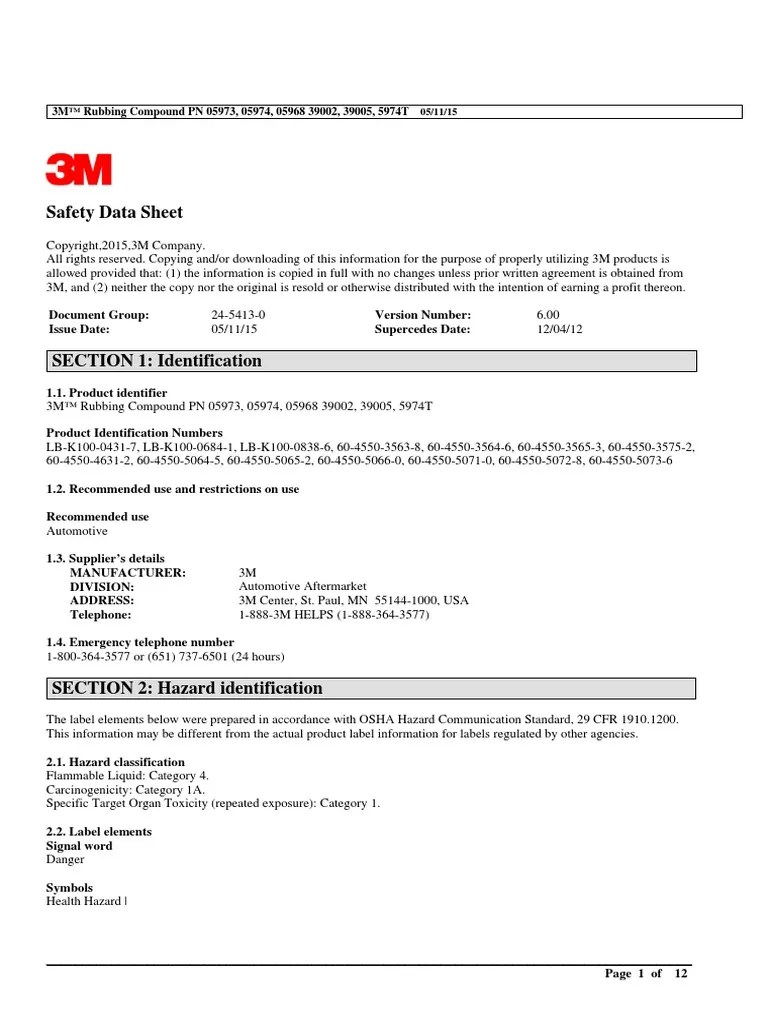 Safety Data Sheet 3M™ Rubbing Compound PN 05973, 05974, 05968 39002
