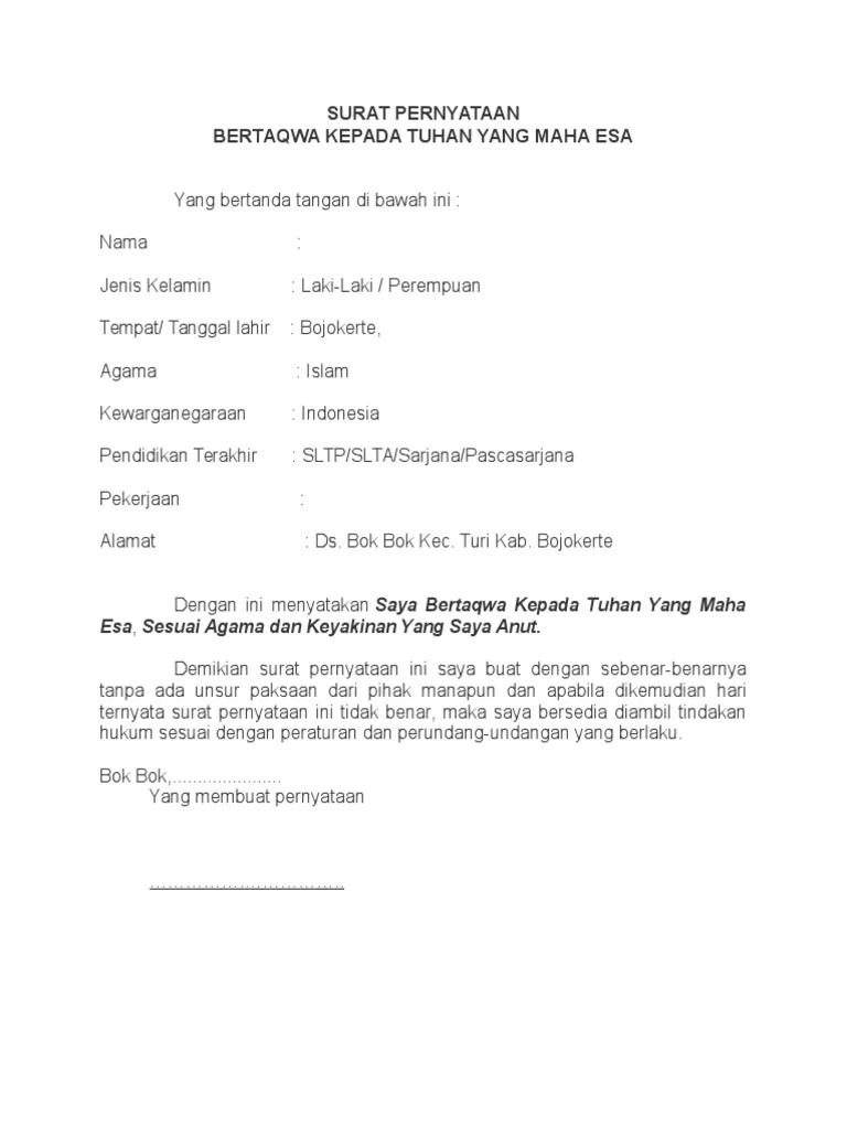 Contoh Surat Pernyataan Bertaqwa Kepada Tuhan Yang Maha Esa Doc