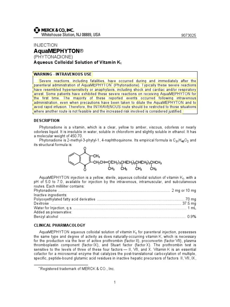 Merck Vitamin K Package Insert Aquamephyton PI Coagulation Dose