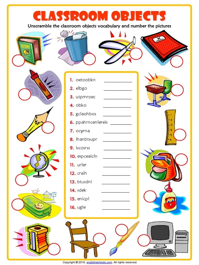 classroom objects unscramble the words.pdf