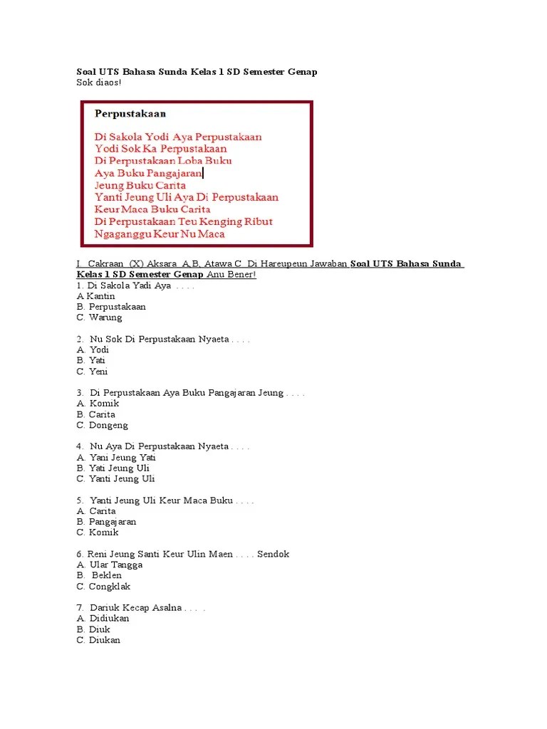 Soal UTS Bahasa Sunda Kelas 1 SD Semester Genap | PDF
