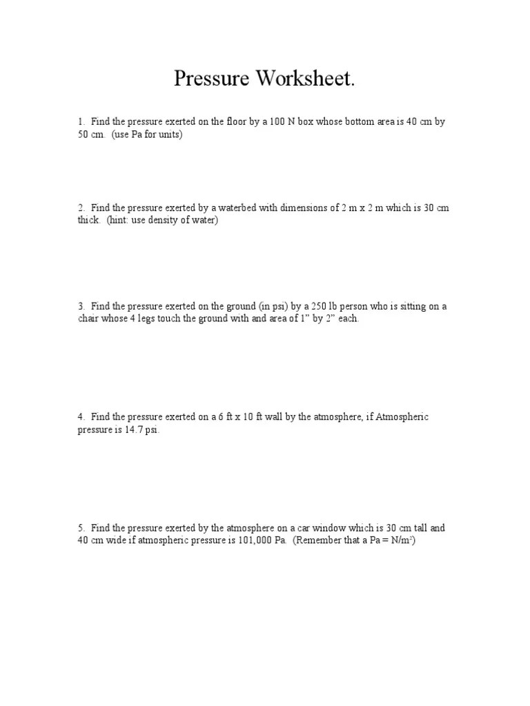 Pressure Worksheet