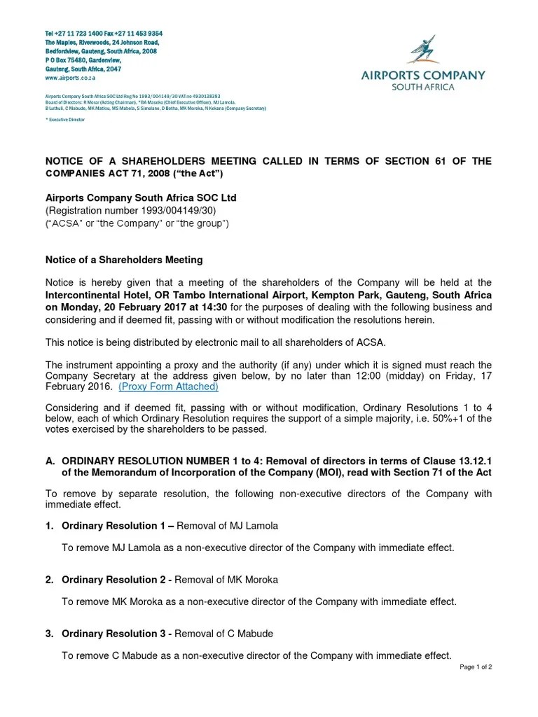 Notice of Shareholders Meeting 10 02 17 Board Of Directors Corporations