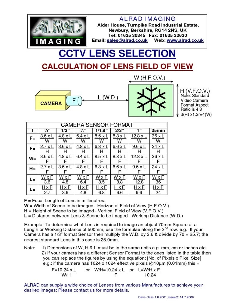 CCTV Lens Selection Calculator for .pdf Lens (Optics) Recording