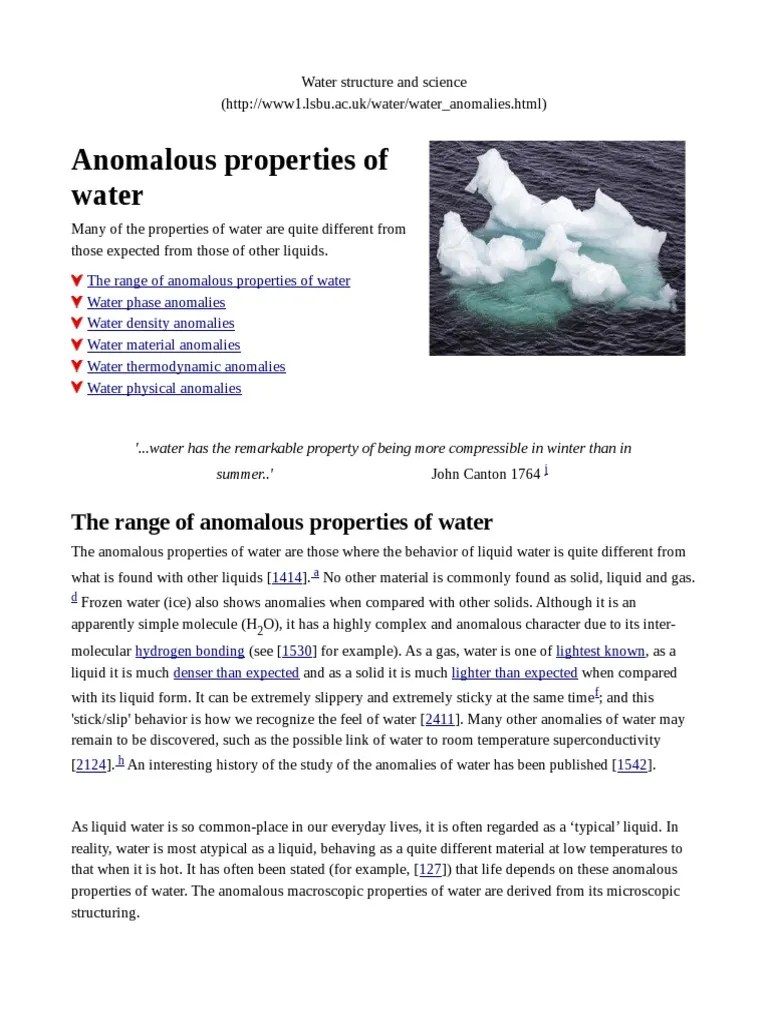 Anomalous Properties of Water Properties Of Water Liquids