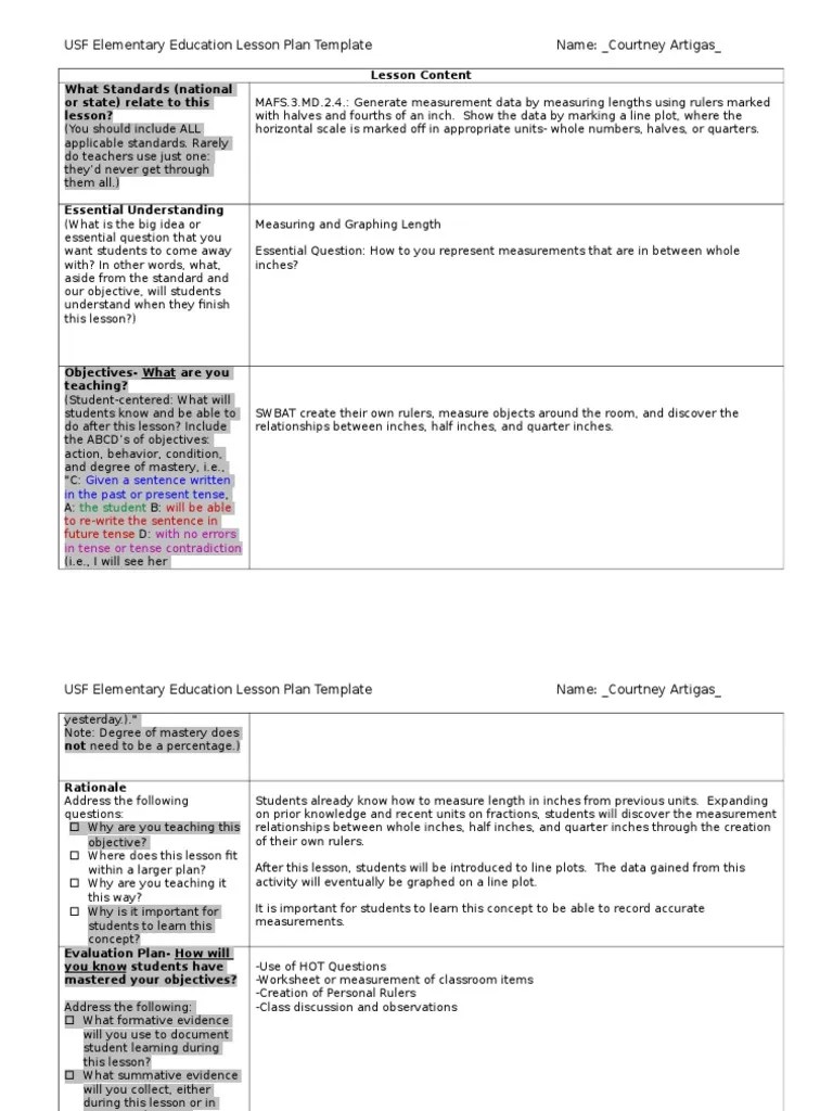 USF Elementary Education Lesson Plan Template Name Courtney Artigas PDF Lesson Plan