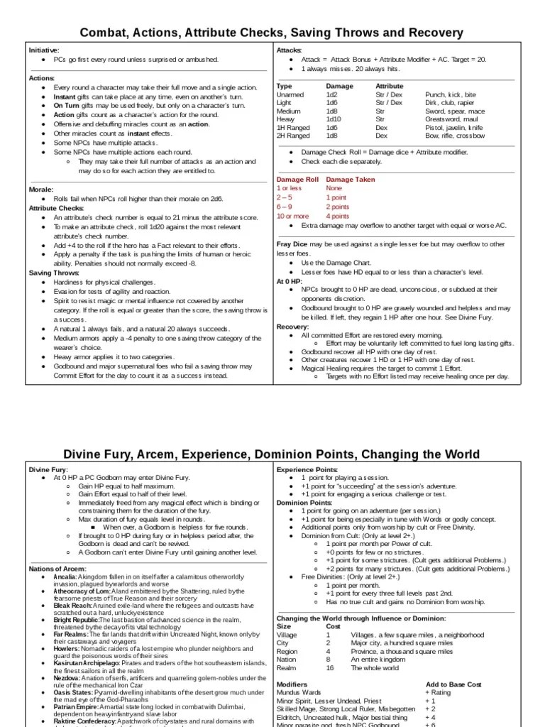 Combat, Actions, Attribute Checks, Saving Throws and Recovery PDF