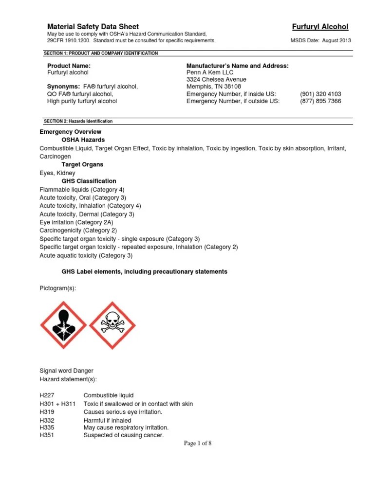 Material Safety Data Sheet Furfuryl Alcohol Product Name Manufacturer