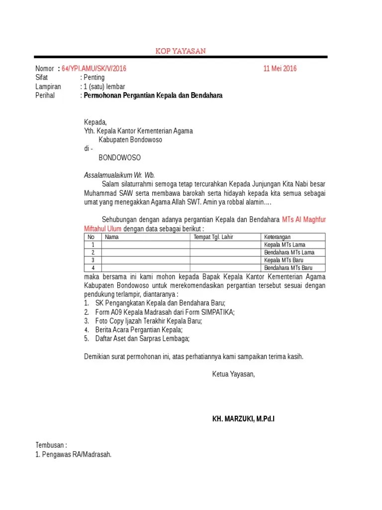 00 Contoh Surat Permohonan Pergantian Kepala Dan Bendahara | PDF