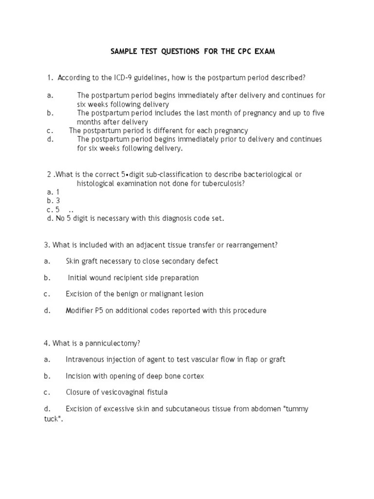 Sample Test Questions for the Cpc Exam1 Surgery Medical Specialties
