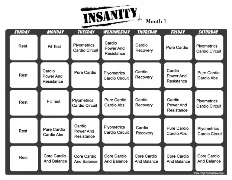 Insanity Calendar Month 1 Customize and Print