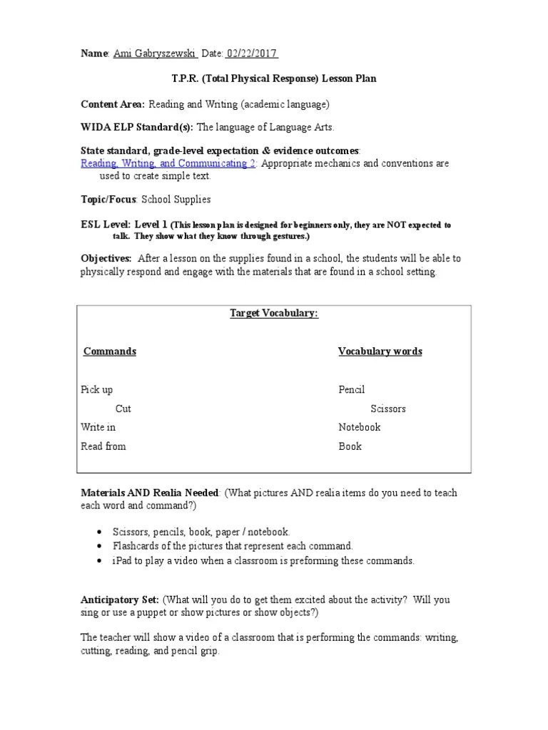 TPR Lesson Plan PDF Vocabulary Applied Psychology
