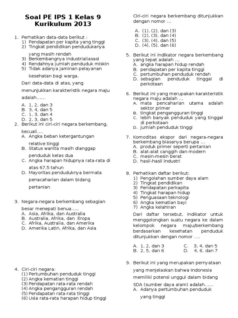 Soal PE IPS 1 Kelas 9 2015-2016 (2013) | PDF