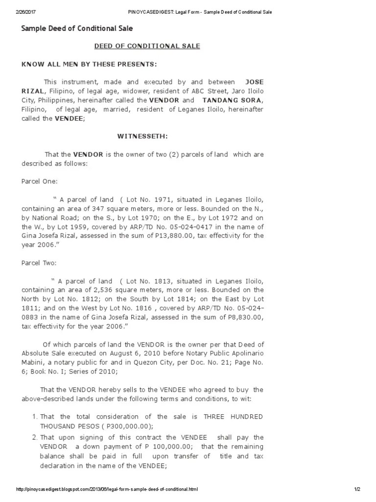 Sample Deed of Conditional Sale Common Law Government