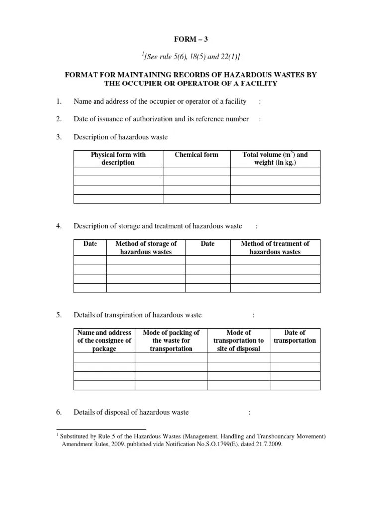 Form 3 Hazardous Waste Waste Management