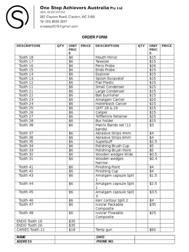 Order Form Description QTY Unit Pric E Price Description QTY Unit Pric