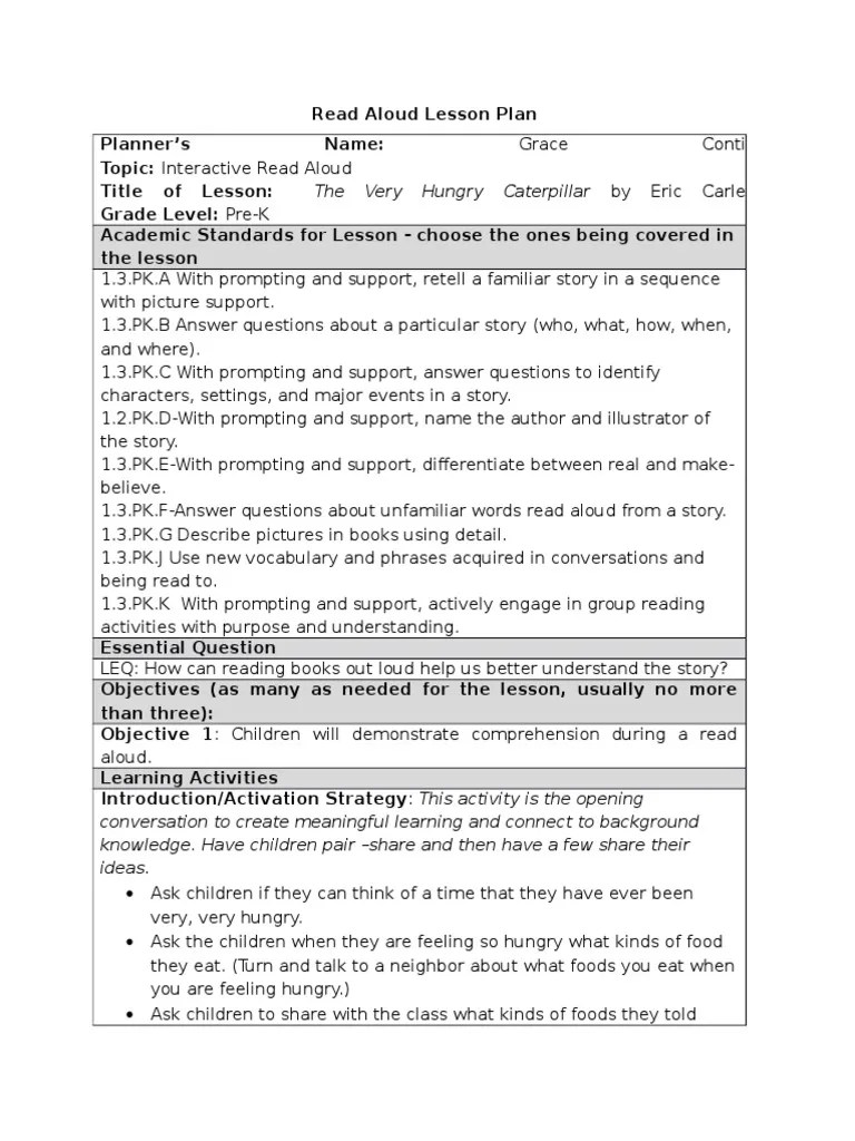 read aloud lesson plan Reading Comprehension Educational Assessment