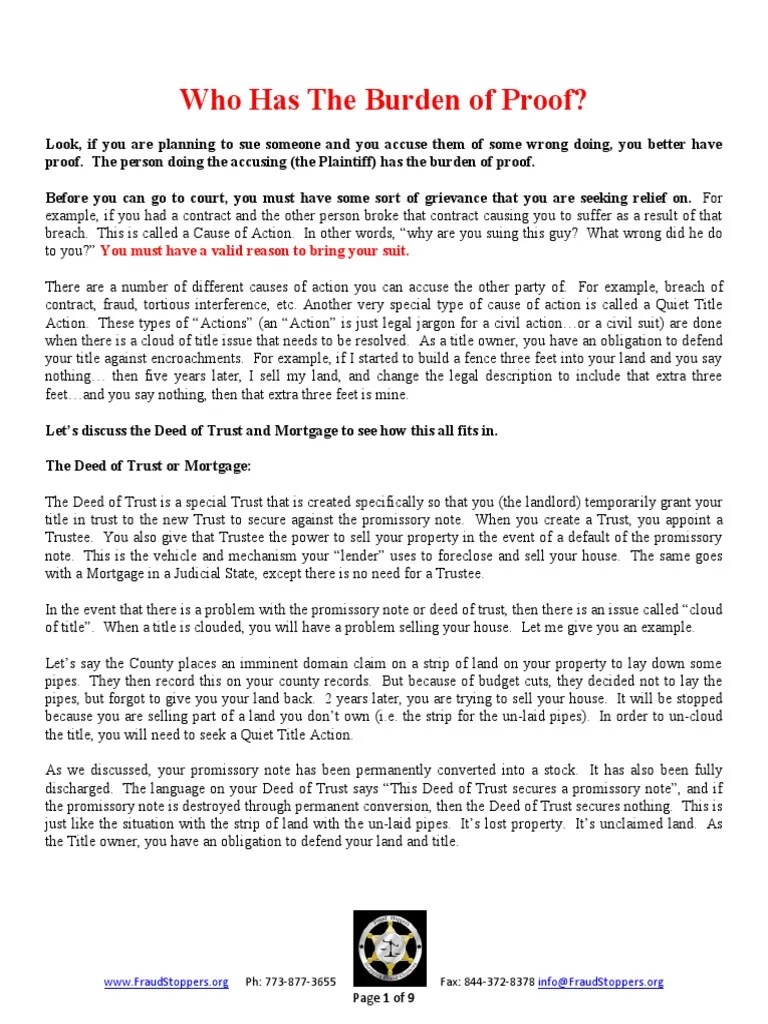 Who Has The Burden of Proof PDF Foreclosure Deed Of Trust (Real