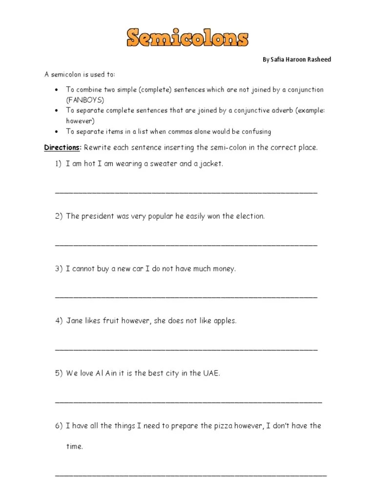 Semicolon Worksheet1