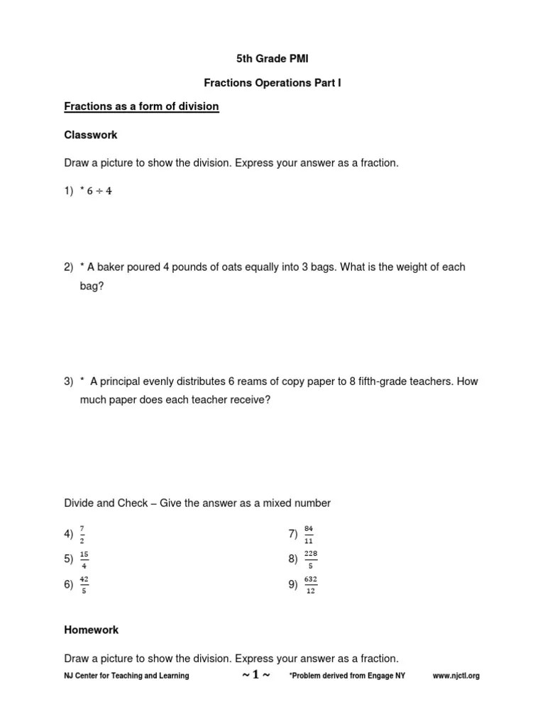 5th Grade PMI Fractions Operations Part I Fractions as a form of