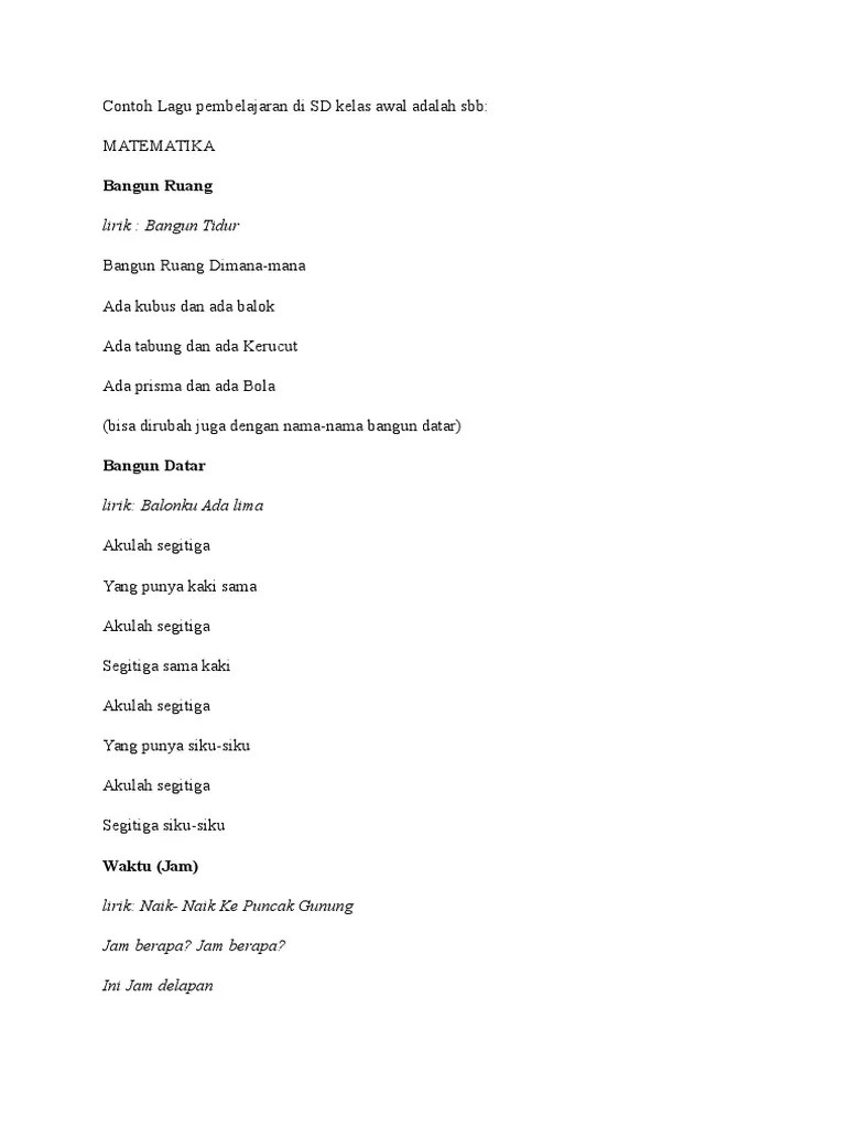 Contoh Lagu Pembelajaran Di SD Kelas Awal Adalah SBB | PDF