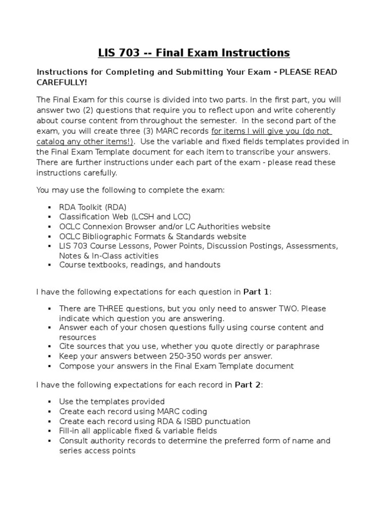 final exam instructions Cataloging Test (Assessment)