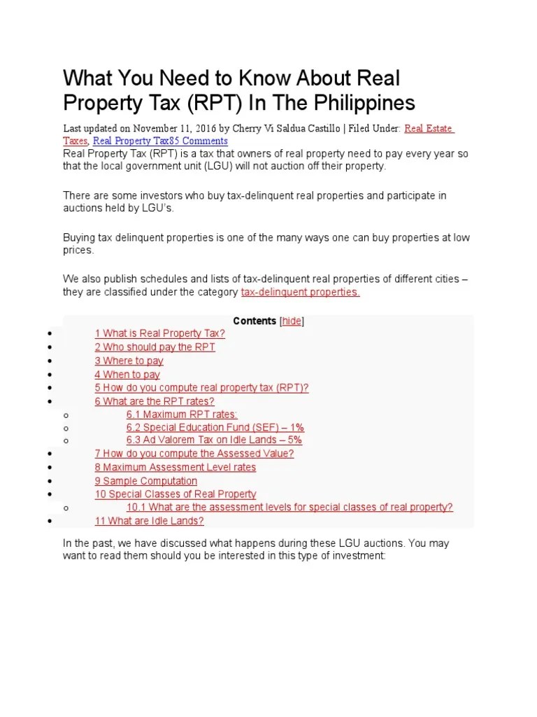 What You Need To Know About Real Property Tax (RPT) in The Philippines PDF Property Tax Taxes