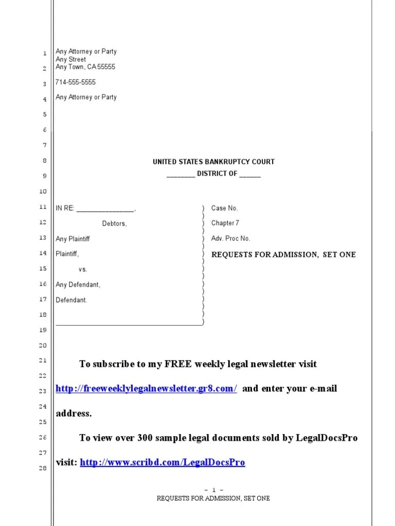 Sample Requests for Admission in United States Bankruptcy Court